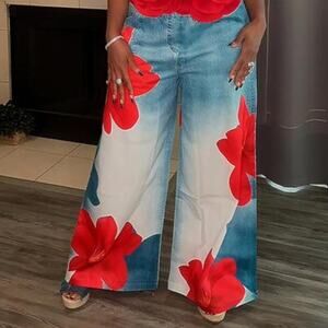 Women's Floral Wide Leg Pants Elastic High Waist Baggy Flowers Pant Trousers